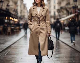 May include: A tan trench coat with a belt, worn over a white top and blue jeans. The coat has a classic design with a notched collar and button closure. A black handbag is carried in one hand. The background shows a city street.