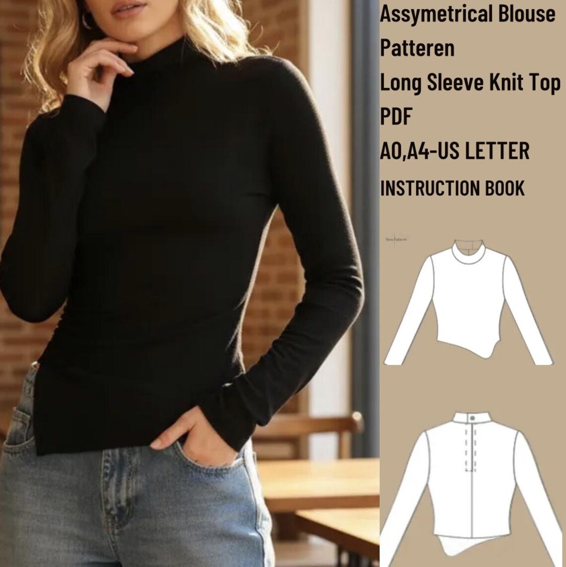 Asymmetrical Blouse Sewing Pattern | Long Sleeve Knit Top PDF | Modern ...