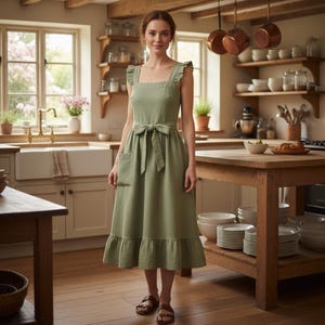 Łatwy w szyciu wzór na elegancki fartuch damski w stylu vintage, wzory na fartuszki, kuchenny fartuch do szycia, fartuch z falbanką