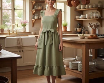Easy Sew Vintage Women Fancy Bib Apron Pattern, Pinafore Patterns, kitchen sewing apron , ruffle apron