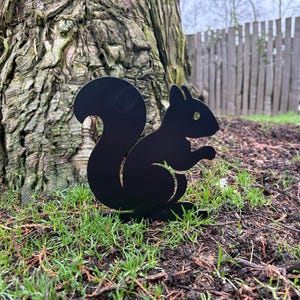 May include: A black metal squirrel silhouette stands on a bed of grass and soil. The squirrel has a large, curved tail and is posed as if holding something. A tree trunk and wooden fence are in the background.