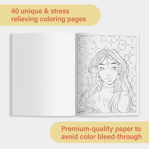 May include: An open coloring book with a black and white illustration of a woman with long hair and heart-shaped earrings. The text "40 unique & stress relieving coloring pages" is at the top, and "Premium-quality paper to avoid color bleed-through" is at the bottom.