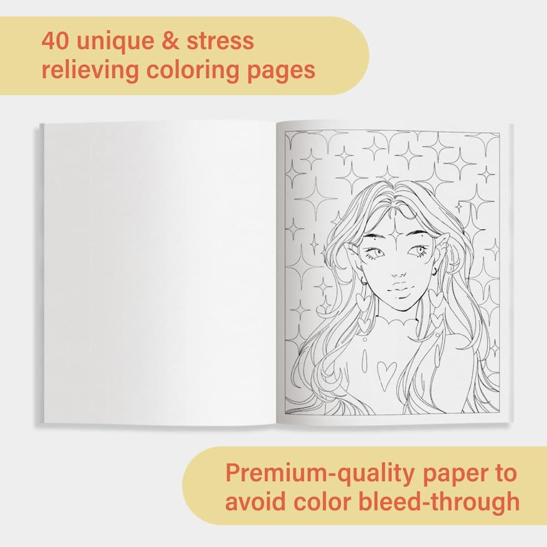 May include: An open coloring book with a black and white illustration of a woman with long hair and heart-shaped earrings. The text "40 unique & stress relieving coloring pages" is at the top, and "Premium-quality paper to avoid color bleed-through" is at the bottom.