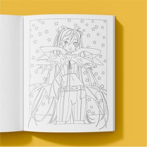 May include: A coloring book page featuring a detailed illustration of a fantasy character with long hair, bat-wing-like accents, and a heart-shaped belt buckle. The background is filled with star shapes.