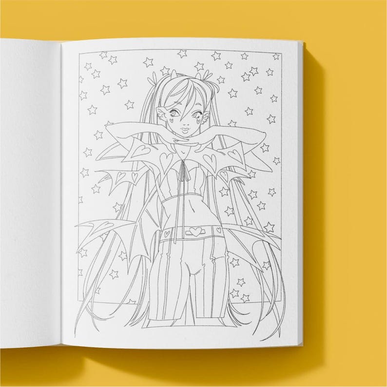 May include: A coloring book page featuring a detailed illustration of a fantasy character with long hair, bat-wing-like accents, and a heart-shaped belt buckle. The background is filled with star shapes.