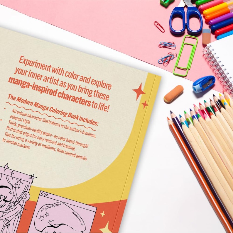 May include: A coloring book with the text "Experiment with color and explore your inner artist as you bring these manga-inspired characters to life!" is displayed with colored pencils, scissors, and other art supplies. The book features 40 unique character illustrations.