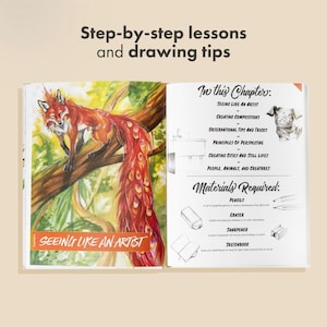 May include: An open book with the title "Step-by-step lessons and drawing tips". The left page shows a fox illustration with a long, feathered tail. The right page lists chapter topics and materials needed, including pencils and an eraser.