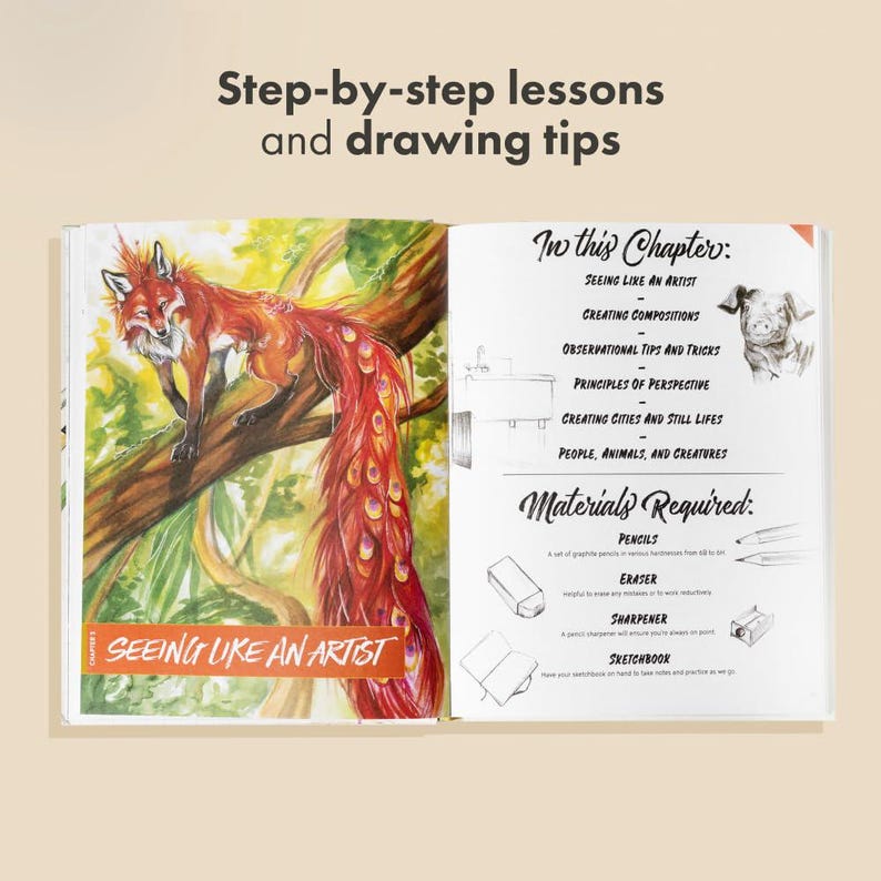 May include: An open book with the title "Step-by-step lessons and drawing tips". The left page shows a fox illustration with a long, feathered tail. The right page lists chapter topics and materials needed, including pencils and an eraser.