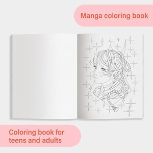May include: Open manga coloring book with a detailed black and white illustration of a character with horns, stars, and hearts. The text "Manga coloring book" and "Coloring book for teens and adults" are displayed.