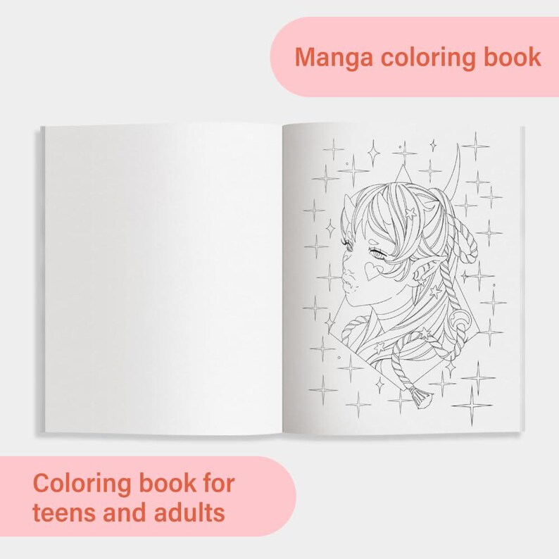 May include: Open manga coloring book with a detailed black and white illustration of a character with horns, stars, and hearts. The text "Manga coloring book" and "Coloring book for teens and adults" are displayed.