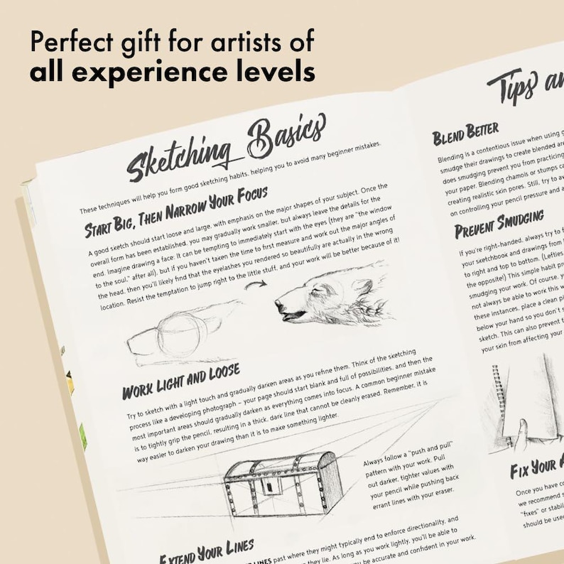May include: An open book with sketching advice. The title reads "Perfect gift for artists of all experience levels" and "Sketching Basics". The text provides guidance on sketching, including starting large and working light.