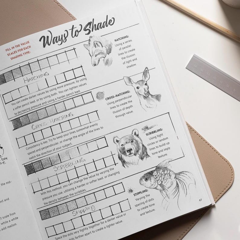 Inside view of The Artist's Drawing Book showing a guide on different techniques on shading.