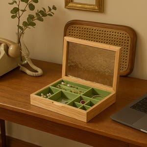 Personalized Wooden Jewelry Box – Green Glass Top with Brass Accents, Custom Ring Organizer Gift