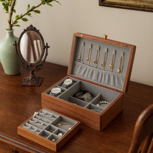 Personalized Wooden 2 Layer Jewelry Box – Solid Walnut Organizer for Rings, Necklaces, Earrings