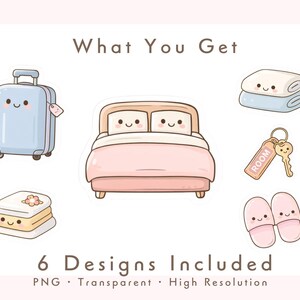 Puede incluir: Ilustraciones de estilo caricatura con temática de viajes y hotel. Incluye una maleta azul, una cama, toallas, una llave con etiqueta "ROOM", un postre y zapatillas. El texto dice "What You Get" y "6 Designs Included".