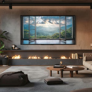 Puede incluir: Un salón moderno con una gran pantalla que muestra una vista panorámica de montañas y cielo. Una chimenea con llamas está debajo de la pantalla. La habitación cuenta con un sofá gris, una mesa de centro de madera y una planta grande.
