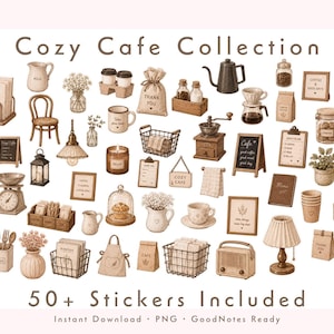 May include: Digital stickers featuring a cozy cafe theme. The collection includes illustrations of coffee cups, a coffee grinder, a scale, a lamp, a radio, and other cafe-related items. The text "Cozy Cafe Collection" is at the top.