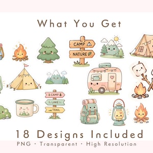 May include: A collection of 18 digital camping-themed illustrations featuring a tent, camper, campfire, backpack, lantern, marshmallow, and signs with text reading CAMP, NATURE, LAKE, and TRAIL. The text WHAT YOU GET and 18 DESIGNS INCLUDED PNG Transparent High Resolution is visible.