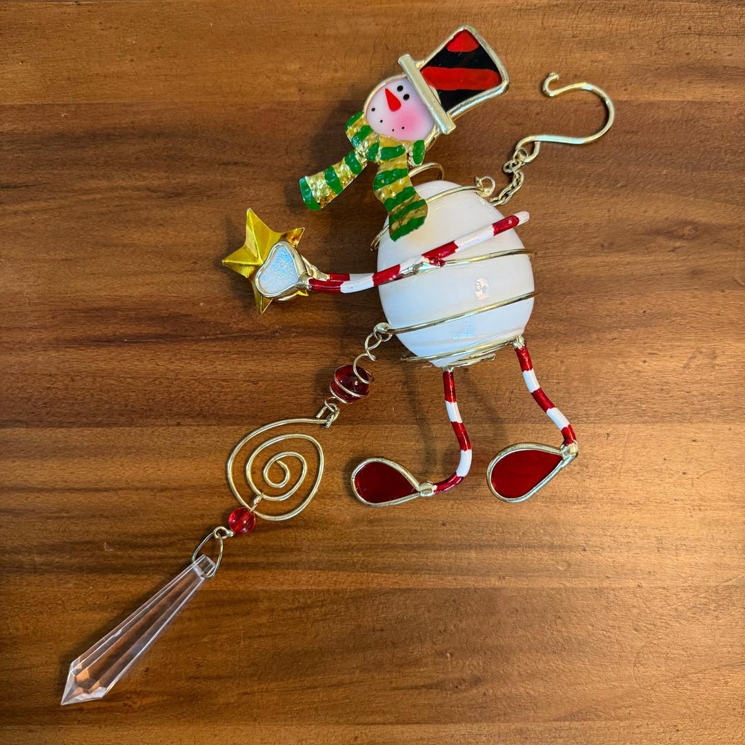 Vintage Snowman Stained Glass Suncatcher Whimsical Christmas Ornament ...