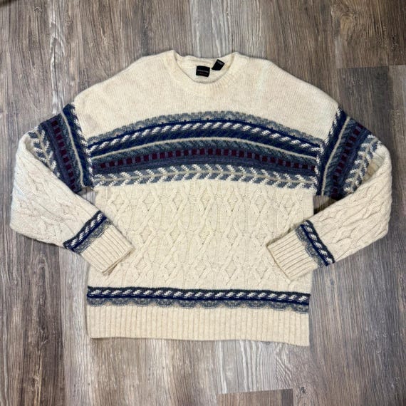 Structure 100% Wool Fisherman Cable Knit Fair Isle Vintage Crewneck Sweater XL