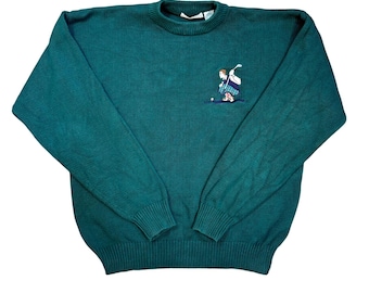 90年代ヴィンテージ刺繍入りゴルファーセーター プレッピー フォレストグリーン コットンニット クルーネック