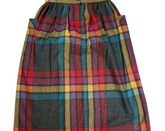 Falda midi vintage estilo Dark Academia Mod Twee a cuadros de mezcla de lana con bolsillos multicolor