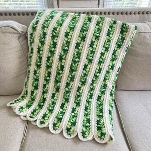 Emerald Green And Cream Crochet Knitted Afghan Throw Blanket Approx 57&quot; X 69&quot;