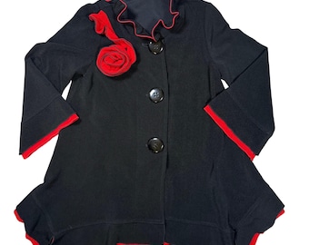 Lagenlook Schwarz Rot Rosette Rüschen Bell Ärmel VTG Sharkbite Jacke Whimsigoth
