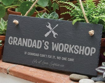 Personalised Grandad’s Shed Slate Sign, Custom Engraved Workshop Sign, Gift for Grandad, Dad or Grandpa, Fathers Day Gift for Shed & Garage