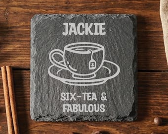 Personalised 60th Birthday Slate Coaster, Custom Engraved Six-Tea Gift, Milestone Birthday Coaster for Mum, Best Friend