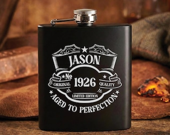 Personalised 100th Birthday Flask  | Born in 1926 Birthday Hip Flask | Custom Engraved Whisky Flask & 100th Hip Flask