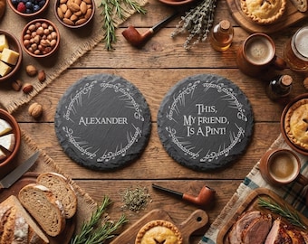 Porta-copos de ardósia élfica personalizado - Presente inspirado em fantasia, decoração para casa de anões, tapete de pedra para bebidas para mesa de casamento élfico