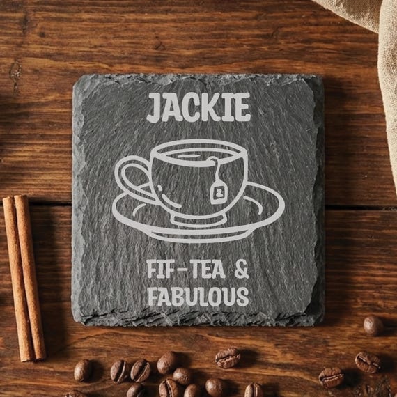 Personalised 50th Birthday Slate Coaster, Custom Engraved Fif-Tea Gift, Milestone Birthday Coaster for Mum, Best Friend