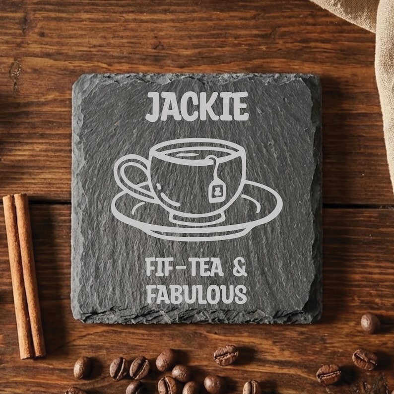 Personalised 50th Birthday Slate Coaster, Custom Engraved Fif-Tea Gift, Milestone Birthday Coaster for Mum, Best Friend image 1