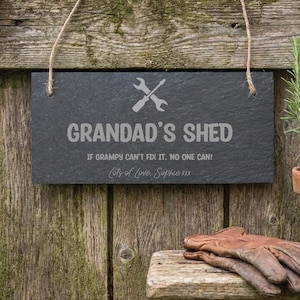 Personalised Grandad’s Shed Slate Sign, Custom Engraved Workshop Sign, Gift for Grandad, Dad or Grandpa, Fathers Day Gift for Shed & Garage