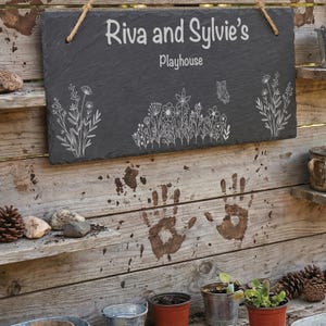 Personalised Playhouse Sign with Wildflowers, Kids Slate Mud Kitchen Sign