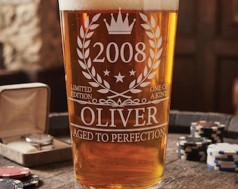 18th Birthday Pint Glass Personalised | 2008 Custom Beer Glass | Engraved 18th Birthday Boy Son Gift