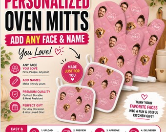 Personalized Photo Oven Mitts & Pot Holder Set, Custom Name Gift, Add Any Photo Pet Dog Cat or Loved One, Funny Kitchen Gift