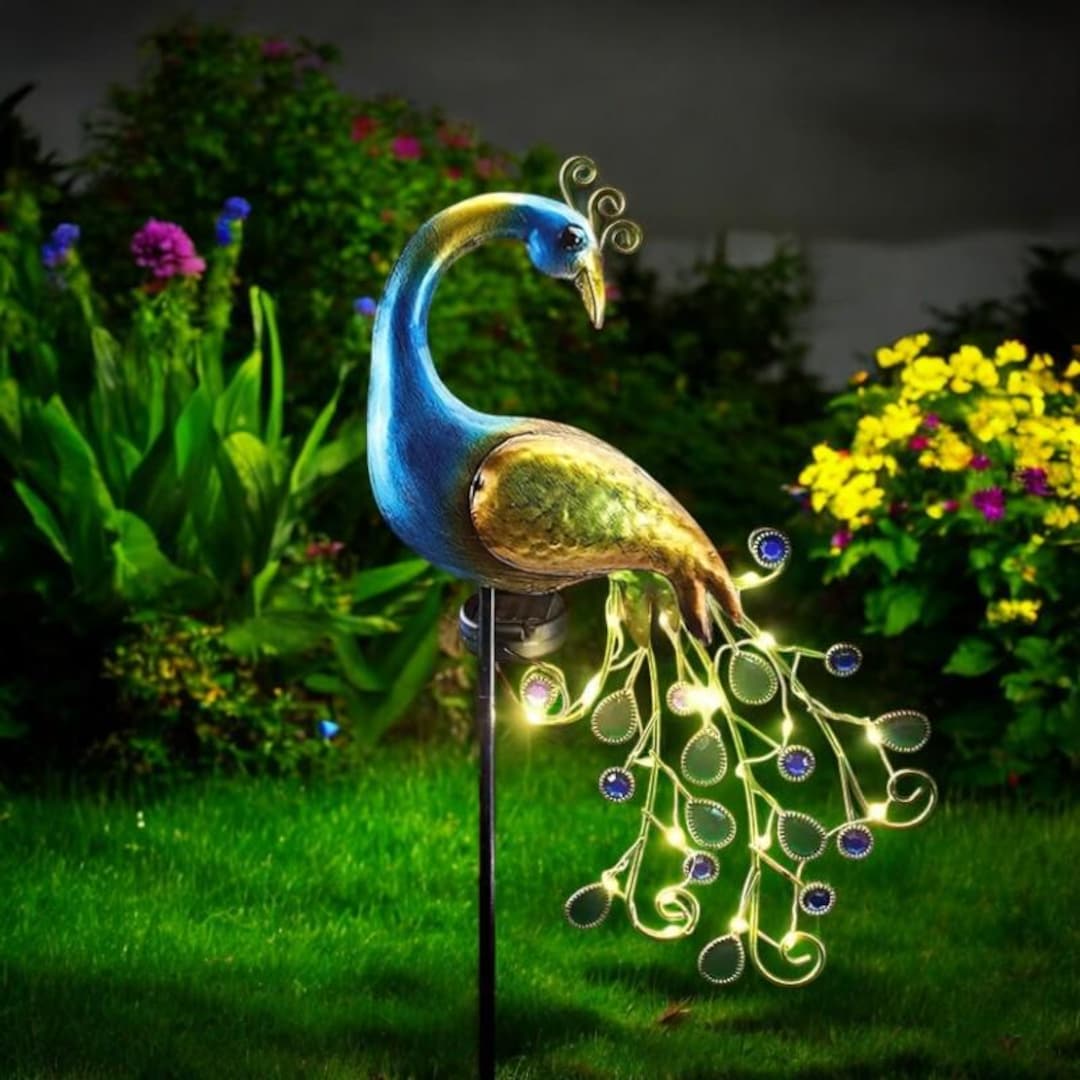 Solar Peacock Lawn Statue: Metal Garden Decor With LED Lights - Etsy