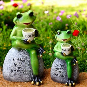 coffee frog statue | funny garden frog decor | outdoor frog ornament | resin frog with mug | quirky yard sculpture | frog lover gift