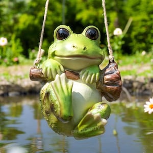 swinging frog garden decor | funny hanging frog ornament | tree frog yard decoration | outdoor patio frog statue | whimsical frog gift