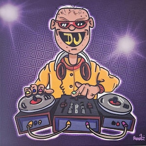 Colorful Cartoon DJ – Street Art Style Canvas Print, Funny Music Wall Art for Studio or Party Room