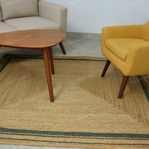 Handwoven Rectangular Jute Braided Rug, Green with Natural Jute, Handcrafted Rug, Farmhouse Style Rug,   Dining Room Rug, Eco-Friendly rug