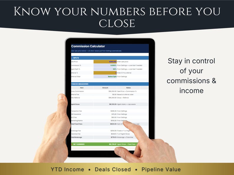 Income Tracker for Realtors: real estate KPI dashboard on Google Sheets with real-time earnings and commission tracking.