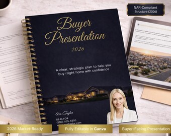 Presentación del comprador para agentes inmobiliarios 2026. Consulta con el agente inmobiliario. Estrategia del comprador. Plantilla de Canva.