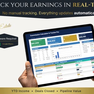Income Tracker for Realtors: real estate KPI dashboard on Google Sheets with real-time earnings and commission tracking.