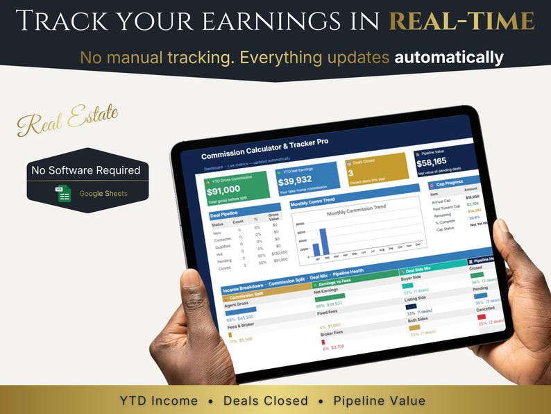 Income Tracker for Realtors: real estate KPI dashboard on Google Sheets with real-time earnings and commission tracking.