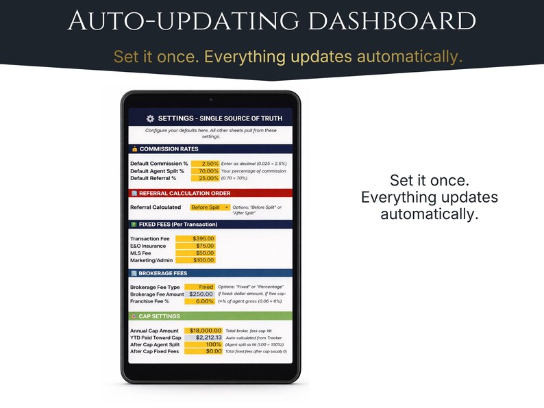 Income Tracker for Realtors: real estate KPI dashboard on Google Sheets with real-time earnings and commission tracking.