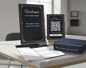 Paquete de registro de puertas abiertas para agentes inmobiliarios / Código QR y letreros de bienvenida