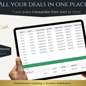 Income Tracker for Realtors: real estate KPI dashboard on Google Sheets with real-time earnings and commission tracking.